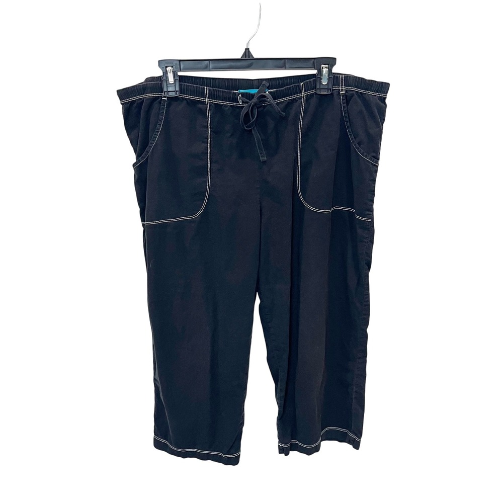 Fresh Produce Womens Black Cotton Cropped Pants Lagenlook Contrast Stitch LARGE